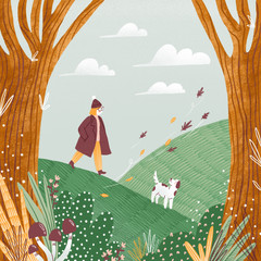 Autumn landscape illustration, girl and a dog walking