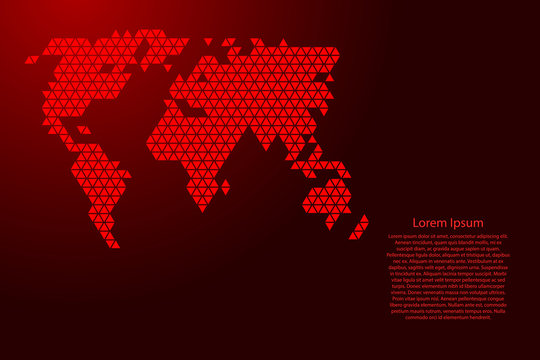 World map abstract schematic from red triangles repeating pattern geometric background with nodes for banner, poster, greeting card. Vector illustration.