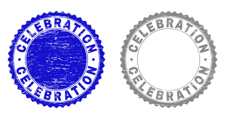 Grunge CELEBRATION stamp seals isolated on a white background. Rosette seals with grunge texture in blue and gray colors. Vector rubber imitation of CELEBRATION title inside round rosette.