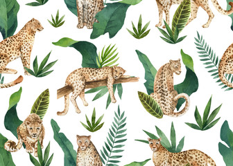Watercolor vector seamless pattern of tropical leaves and leopards in jungle isolated on white background.