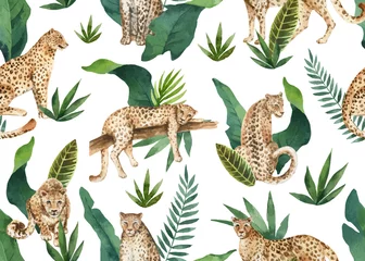 Tapeten Nahtloses Muster des Aquarellvektors von tropischen Blättern und von Leoparden im Dschungel lokalisiert auf weißem Hintergrund. © ElenaMedvedeva