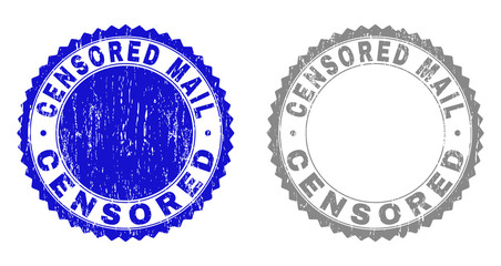 Grunge CENSORED MAIL stamp seals isolated on a white background. Rosette seals with grunge texture in blue and grey colors. Vector rubber watermark of CENSORED MAIL tag inside round rosette.