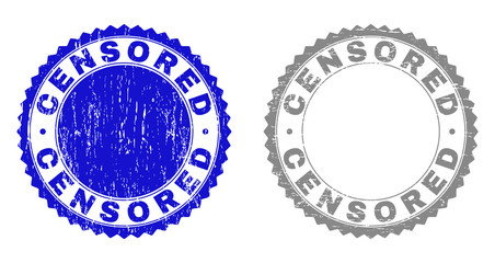 Grunge CENSORED stamp seals isolated on a white background. Rosette seals with grunge texture in blue and grey colors. Vector rubber overlay of CENSORED tag inside round rosette.