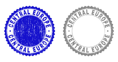 Grunge CENTRAL EUROPE stamp seals isolated on a white background. Rosette seals with grunge texture in blue and grey colors. Vector rubber watermark of CENTRAL EUROPE caption inside round rosette.