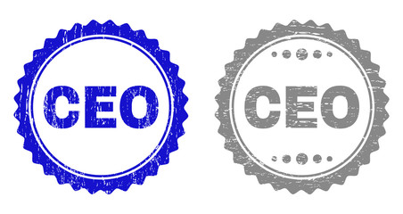 Grunge CEO stamp seals isolated on a white background. Rosette seals with grunge texture in blue and gray colors. Vector rubber watermark of CEO label inside round rosette.