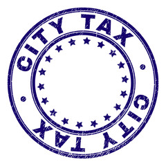 CITY TAX stamp seal watermark with grunge texture. Designed with round shapes and stars. Blue vector rubber print of CITY TAX label with grunge texture.