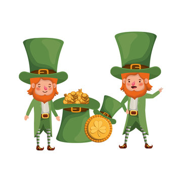 leprechauns with coins and hat isolated icon