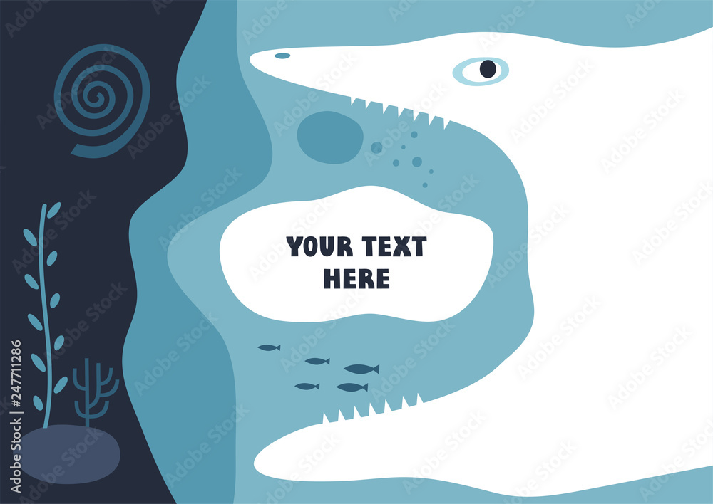 Poster Vector template with space for text. Silhouette of a monster head with open mouth on deep sea background