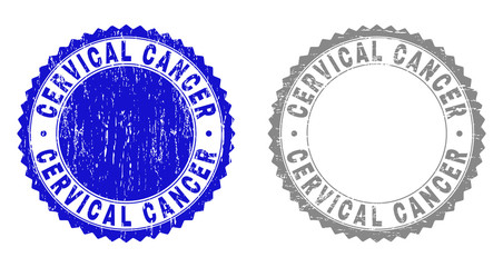 Grunge CERVICAL CANCER stamp seals isolated on a white background. Rosette seals with grunge texture in blue and grey colors. Vector rubber imitation of CERVICAL CANCER tag inside round rosette.