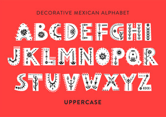 Vector patterned alphabet decorated with folk mexican ornaments.  Display uppercase font on a red background