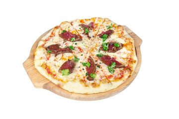 Pizza with roast beef, cheese and greens on a round cutting board isolated on white background