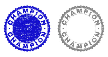 Grunge CHAMPION stamp seals isolated on a white background. Rosette seals with grunge texture in blue and grey colors. Vector rubber imitation of CHAMPION title inside round rosette.