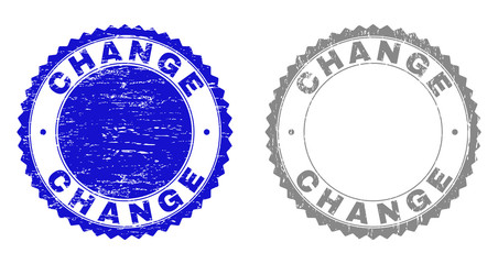 Grunge CHANGE stamp seals isolated on a white background. Rosette seals with grunge texture in blue and grey colors. Vector rubber imprint of CHANGE label inside round rosette.