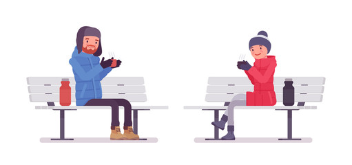Man and woman in down jacket sitting on a bench, wearing soft warm winter clothes, classic snow boots and hat. City outfit concept. Vector flat style cartoon illustration isolated on white background