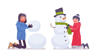 Man and woman in a down jacket making snowman, wearing soft warm winter clothes, classic snow boots and hat. City outfit concept. Vector flat style cartoon illustration isolated on white background