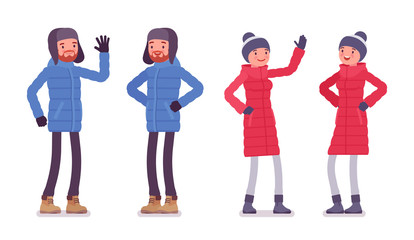 Man and woman in a down jacket positive emotions, wearing soft warm winter clothes, classic snow boots and hat. City outfit concept. Vector flat style cartoon illustration isolated on white background