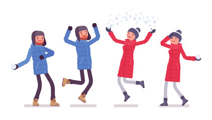 Obraz premium Man and woman in down jacket having fun outdoor, wearing soft warm winter clothes, classic snow boots and hat. City outfit concept. Vector flat style cartoon illustration isolated on white background