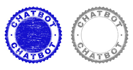 Grunge CHATBOT stamp seals isolated on a white background. Rosette seals with grunge texture in blue and grey colors. Vector rubber imprint of CHATBOT title inside round rosette.