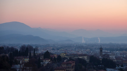 Bergamo, Italy. Landscape to the new city (downtown) at the sunrise from the old town located on the top of the hill