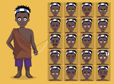 African Tribe Clothes Male Hadza Cartoon Emotion faces Vector Illustration