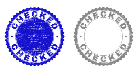 Grunge CHECKED stamp seals isolated on a white background. Rosette seals with grunge texture in blue and grey colors. Vector rubber watermark of CHECKED caption inside round rosette.
