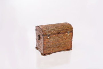 Wooden chest for household items and clothes on white background.