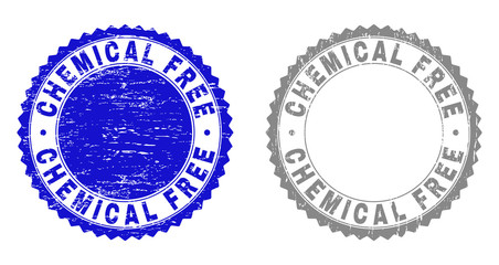 Grunge CHEMICAL FREE stamp seals isolated on a white background. Rosette seals with grunge texture in blue and gray colors. Vector rubber imitation of CHEMICAL FREE tag inside round rosette.