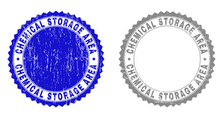 Grunge CHEMICAL STORAGE AREA stamp seals isolated on a white background. Rosette seals with distress texture in blue and gray colors.