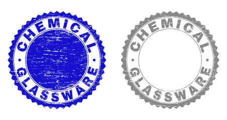 Grunge CHEMICAL GLASSWARE stamp seals isolated on a white background. Rosette seals with grunge texture in blue and grey colors. Vector rubber overlay of CHEMICAL GLASSWARE tag inside round rosette.