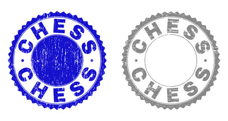 Grunge CHESS stamp seals isolated on a white background. Rosette seals with grunge texture in blue and grey colors. Vector rubber imprint of CHESS label inside round rosette.