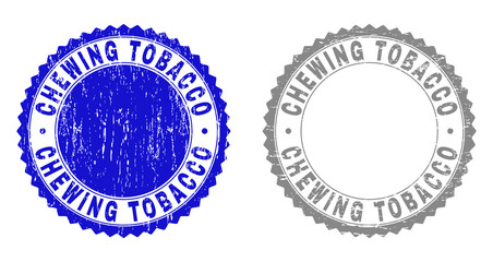 Grunge CHEWING TOBACCO stamp seals isolated on a white background. Rosette seals with grunge texture in blue and grey colors. Vector rubber imprint of CHEWING TOBACCO tag inside round rosette.