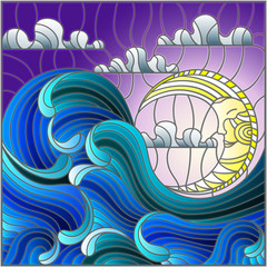 Naklejki  Ilustracja w stylu witrażu malarstwo abstrakcyjne pejzaż morskie fale na tle nieba i chmur z księżycem