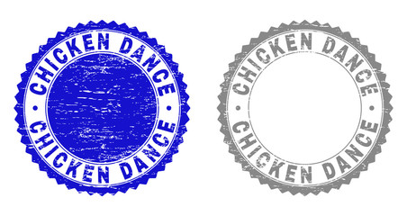 Grunge CHICKEN DANCE stamp seals isolated on a white background. Rosette seals with grunge texture in blue and grey colors. Vector rubber imprint of CHICKEN DANCE label inside round rosette.