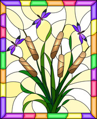 Illustration in stained glass style with bouquet of   bulrush and purple dragonflies on a yellow  background ,in bright frame