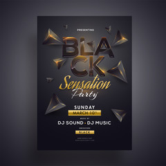 Black Sensation party flyer or template design with 3d geometric elements and venue details.