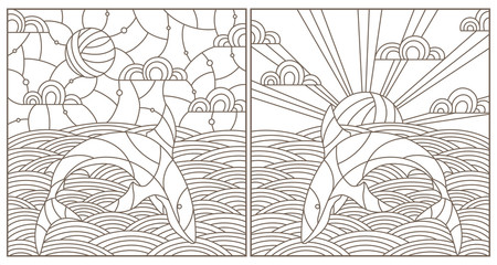 Naklejka premium Set contour illustrations with sharks on the waves and the sky , the dark outline on a white background