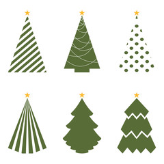Flat christmas winter trees with festive xmas decoration and black fir tree silhouettes vector collection. Christmas winter tree big set