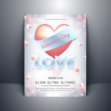 Glossy heart shape with typography of love on pearl decorated background for Valentine's Day template or invitation card.