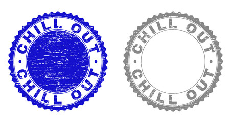 Grunge CHILL OUT stamp seals isolated on a white background. Rosette seals with grunge texture in blue and gray colors. Vector rubber watermark of CHILL OUT tag inside round rosette.