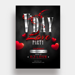 Stylish lettering of valentine's day love party and red glossy heart shapes illustration for template or flyer design.