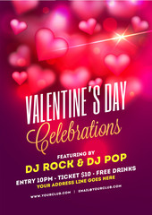 Valentine's Day celebrations template or flyer design with decorative heart shapes on purple background.