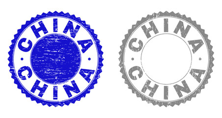 Grunge CHINA stamp seals isolated on a white background. Rosette seals with grunge texture in blue and gray colors. Vector rubber overlay of CHINA label inside round rosette.
