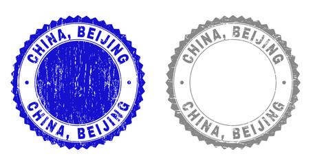 Grunge CHINA, BEIJING stamp seals isolated on a white background. Rosette seals with grunge texture in blue and gray colors. Vector rubber watermark of CHINA, BEIJING label inside round rosette.