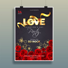 Typography of love with decorative rose flowers on black background. Valentine's Day template flyer design.
