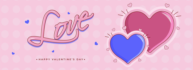 Flat style header or banner design, illustration of pink and blue heart shapes with stylish lettering of love for Valentine's Day celebration.