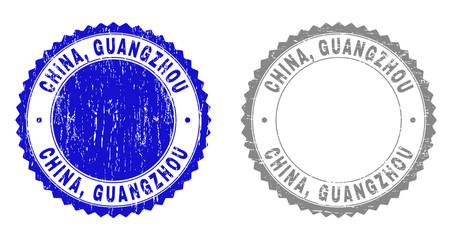 Grunge CHINA, GUANGZHOU stamp seals isolated on a white background. Rosette seals with distress texture in blue and grey colors. Vector rubber overlay of CHINA, GUANGZHOU title inside round rosette.