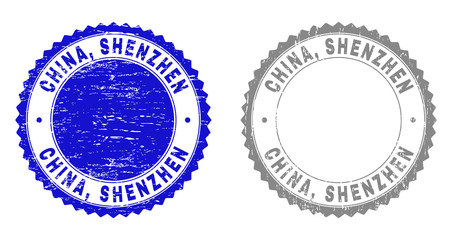 Grunge CHINA, SHENZHEN stamp seals isolated on a white background. Rosette seals with grunge texture in blue and grey colors. Vector rubber imprint of CHINA, SHENZHEN title inside round rosette.
