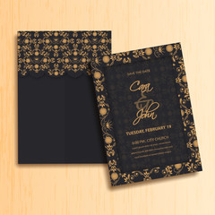 Front and back view of wedding invitation card layout decorated with floral motifs.