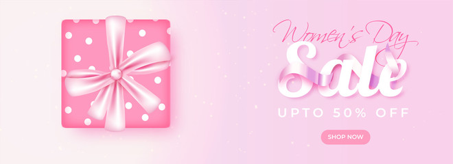 Fototapeta na wymiar Women's Day sale header or banner design with 50% discount offer and illustration of gift box.