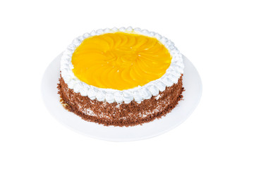 peach cake on a white plate isolated on white background
